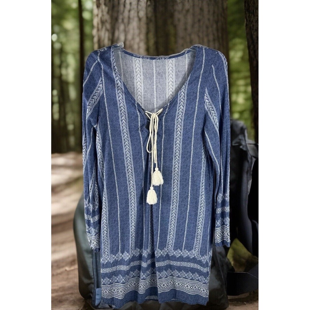 Honey Belle Tunic Top Bohemian Boho Large Blue Striped Tassels Embroidered